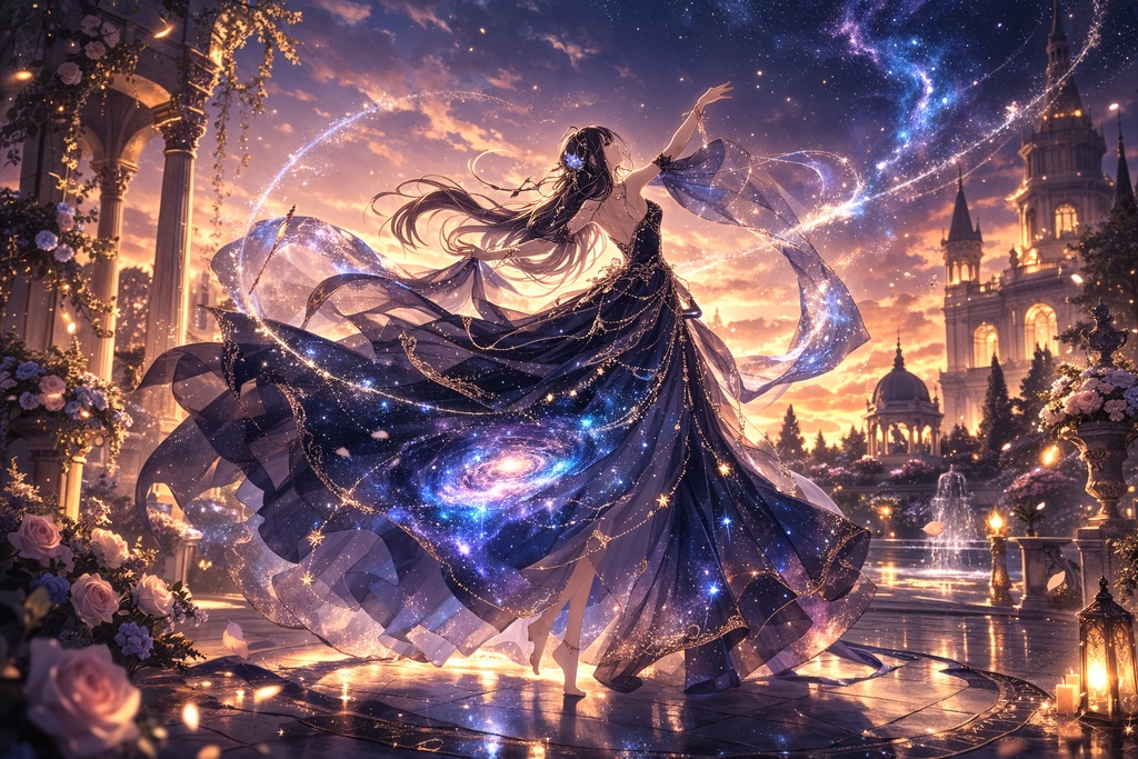 『宵空に舞う、宇宙のドレス』 “Dancing in a Cosmic Dress at Twilight”
