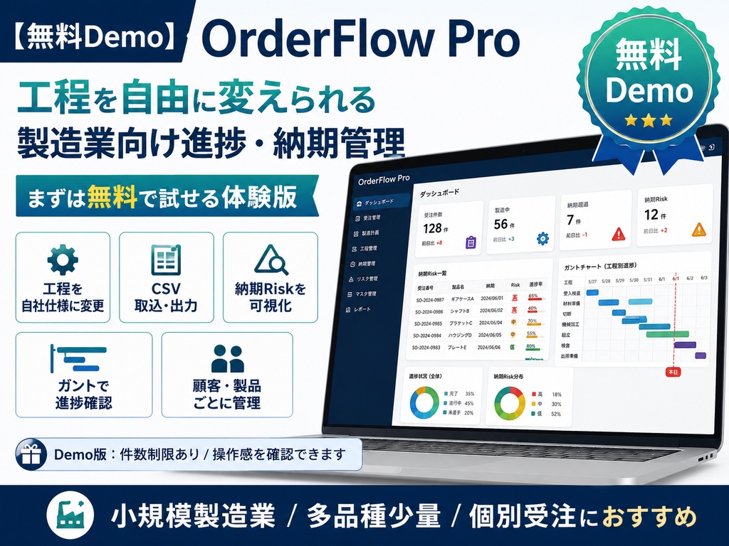 〖無料Demo〗OrderFlow Pro|工程を自由に変えられる製造業向け進捗・納期管理