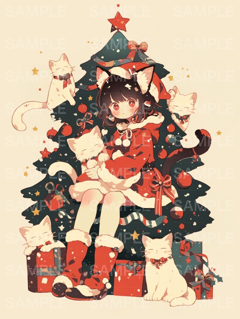 クリスマスツリーと女の子と猫達