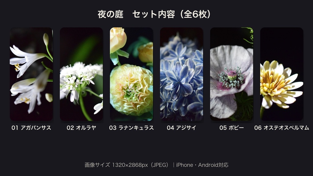 【スマホ壁紙】夜の庭|ダークモードに似合う花 6枚セット
