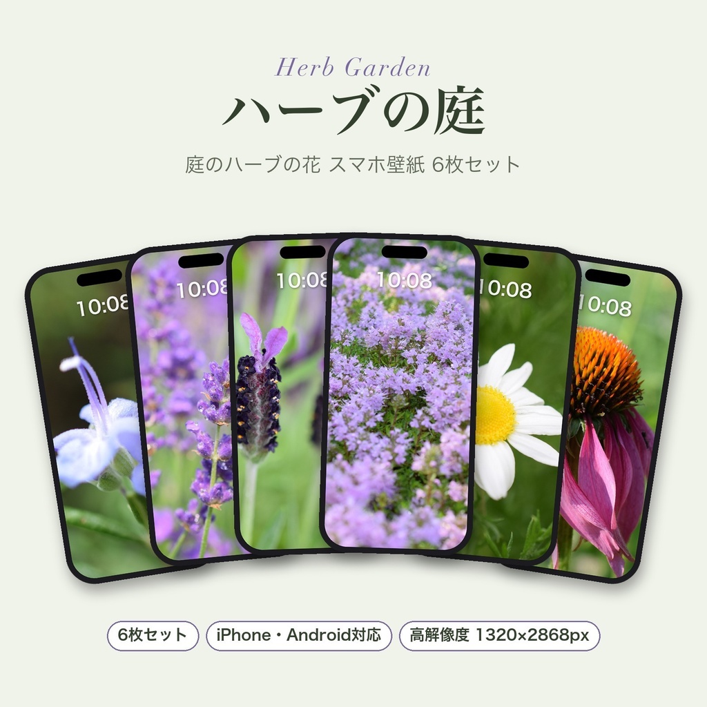 【スマホ壁紙】ハーブの庭|庭のハーブの花 6枚セット