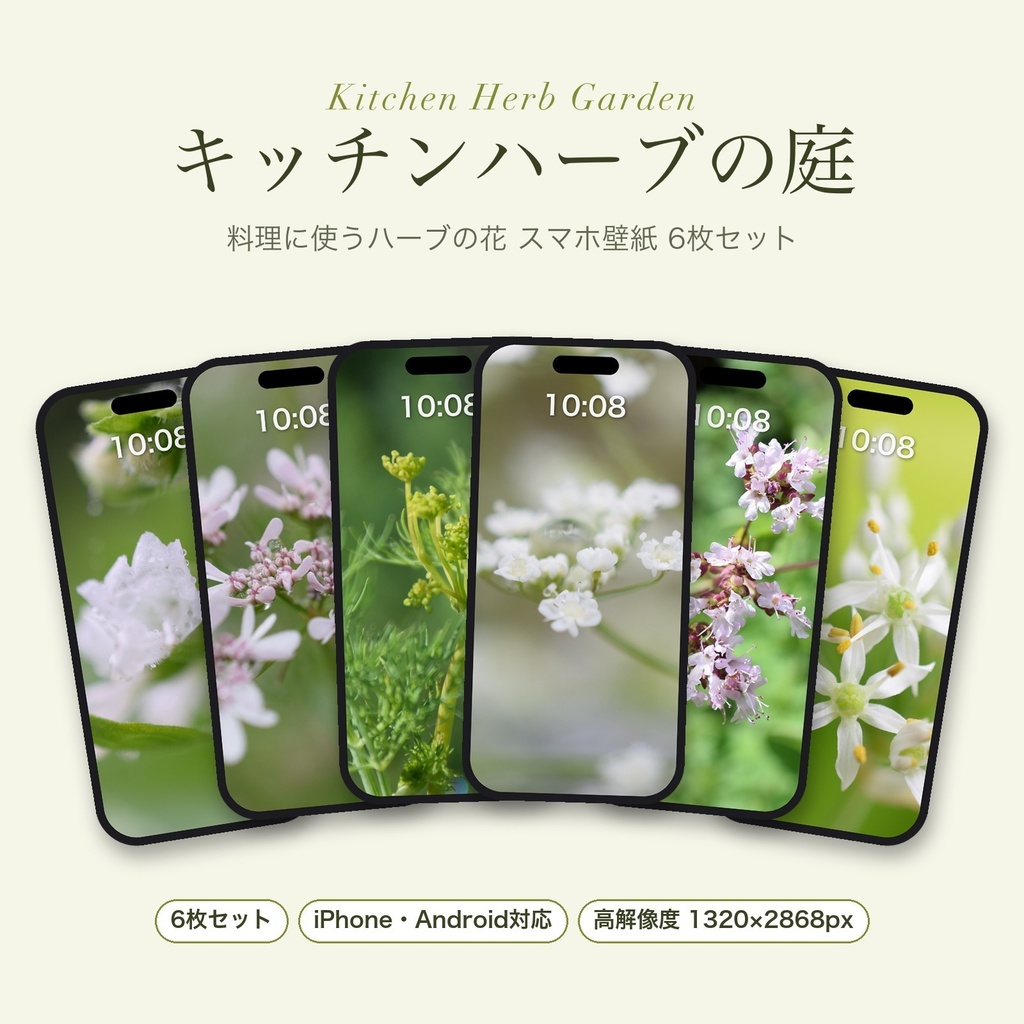 【スマホ壁紙】キッチンハーブの庭｜料理に使うハーブの花 6枚セット