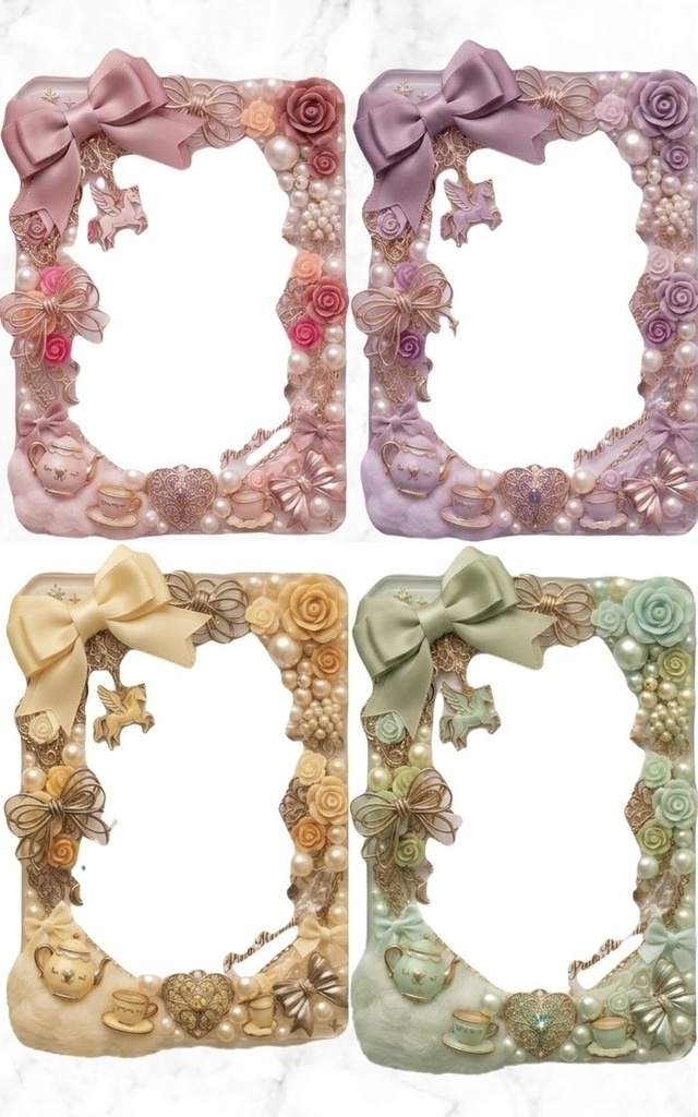 【デジタル素材】夢かわお茶会デコフレーム4色セット|PNGフォトフレーム