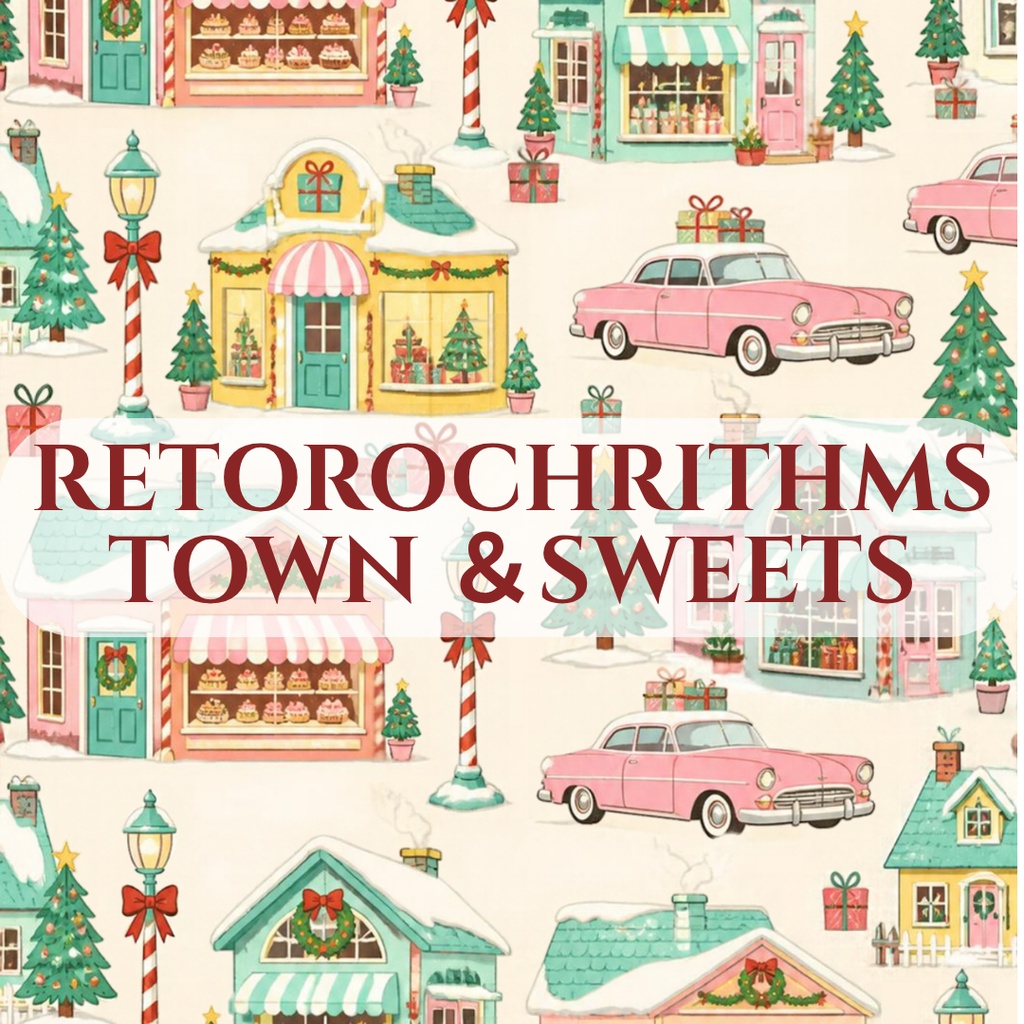 RETRO CHRISTMAS - レトロポップ・クリスマスタウン&スイーツ 全6種セット【A4対応】|手帳デコ・コラージュ・ラッピング用