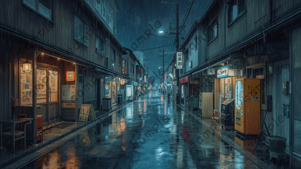 ｜雨と夜の日本｜昭和レトロ・ノスタルジック風景イラスト10枚セット｜