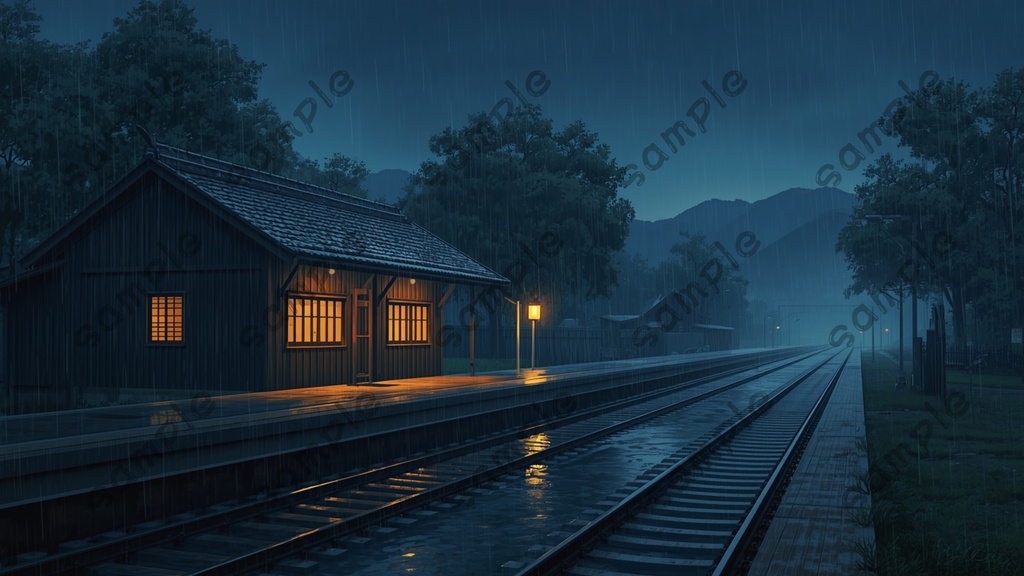 |雨と夜の日本|昭和レトロ・ノスタルジック風景イラスト10枚セット|