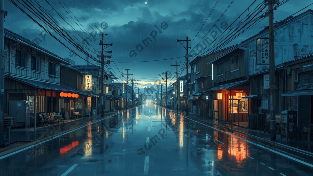 |雨と夜の日本|昭和レトロ・ノスタルジック風景イラスト10枚セット|