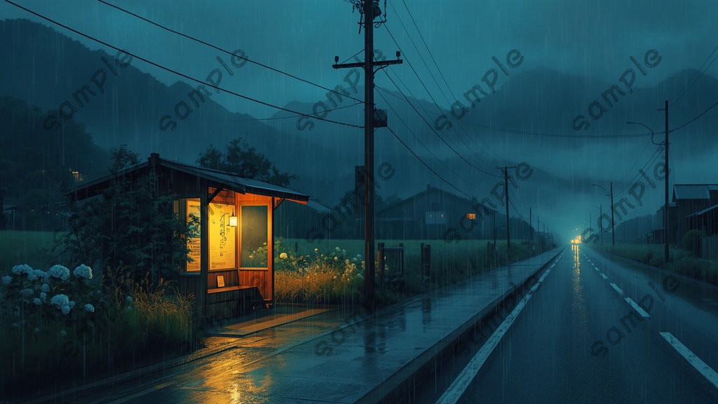 |雨と夜の日本|昭和レトロ・ノスタルジック風景イラスト10枚セット|
