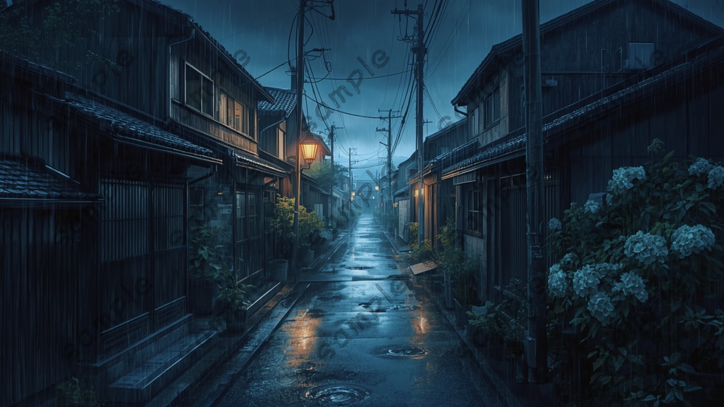 |雨と夜の日本|昭和レトロ・ノスタルジック風景イラスト10枚セット|
