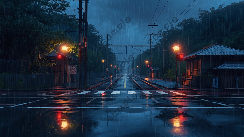 |雨と夜の日本|昭和レトロ・ノスタルジック風景イラスト10枚セット|