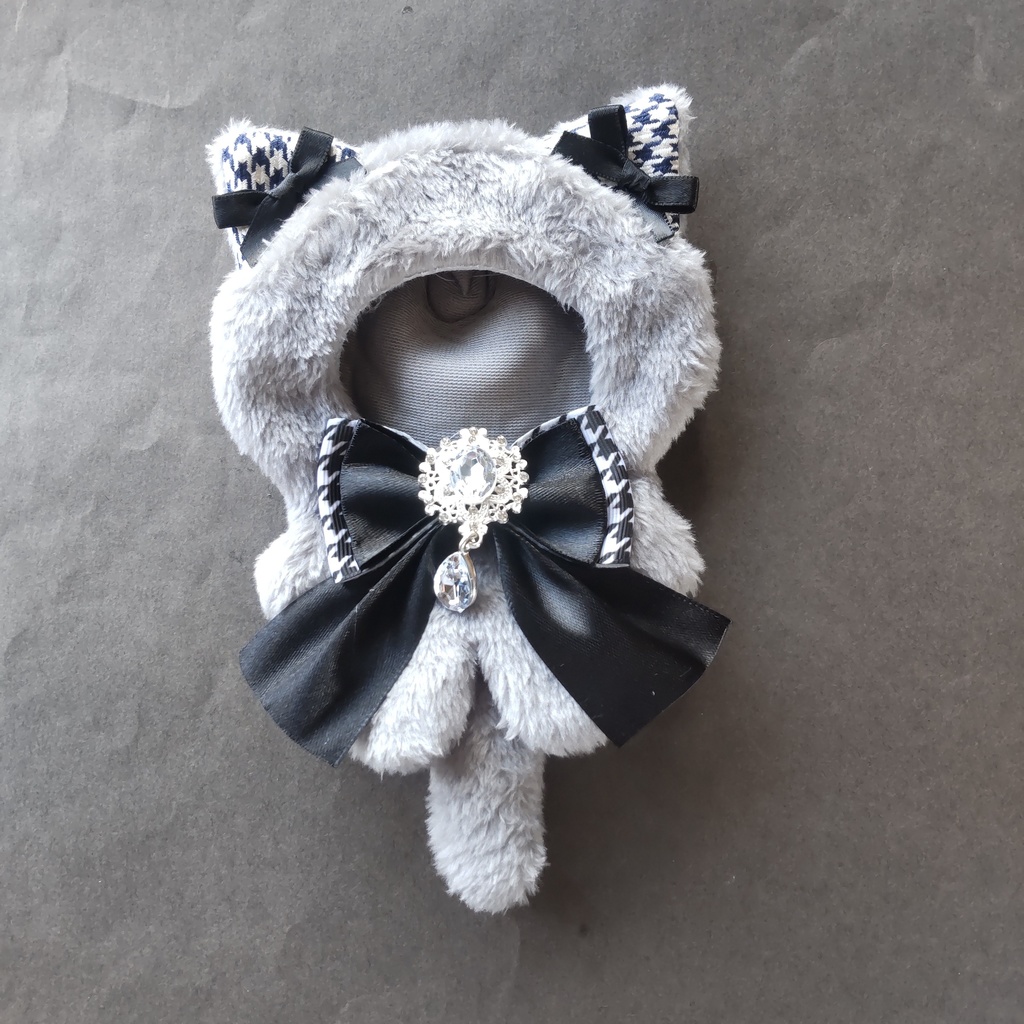 グレーねこ 千鳥格子 10~12cm ぬい服 着ぐるみ