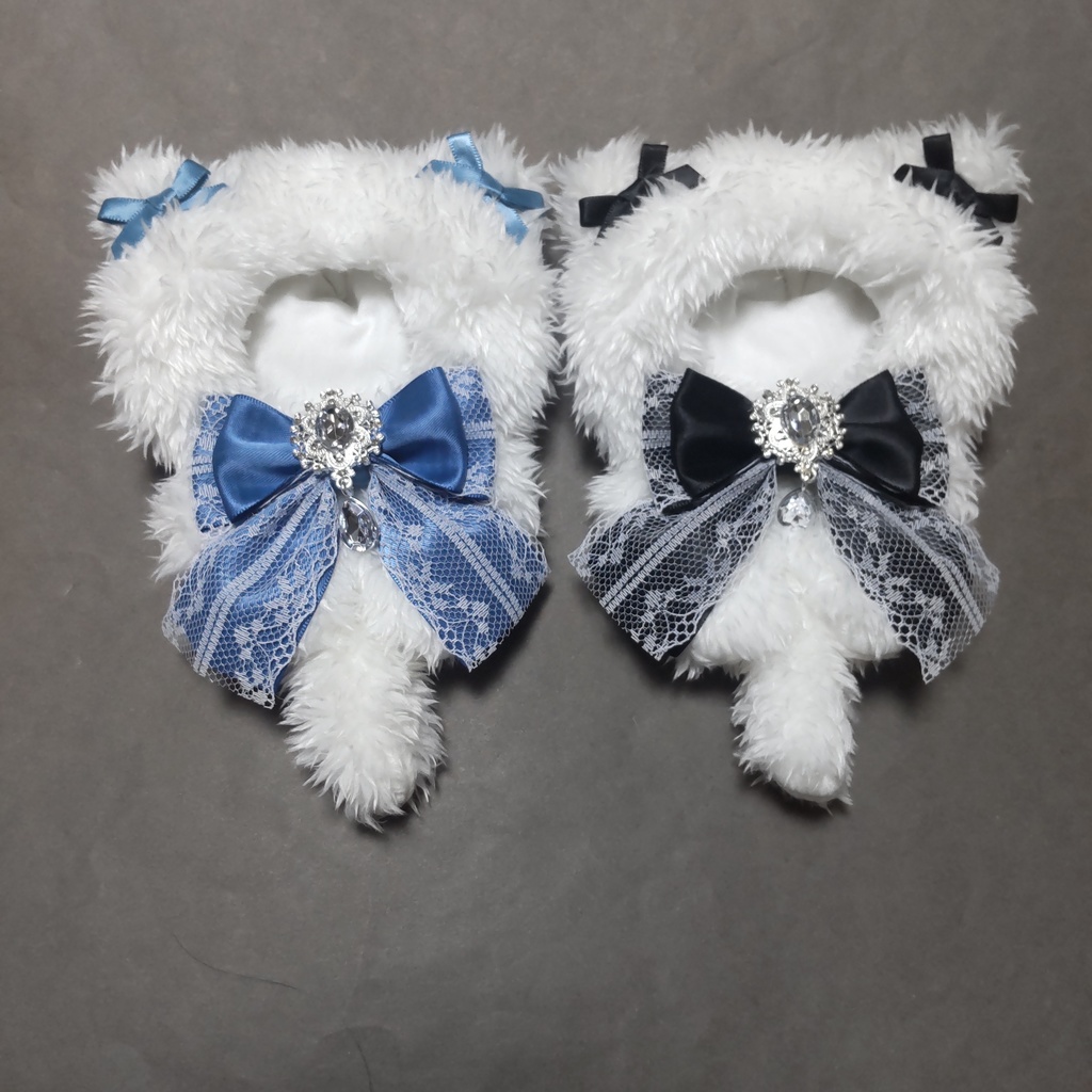 モフ白 ねこセット くすみブルー&黒 リボン