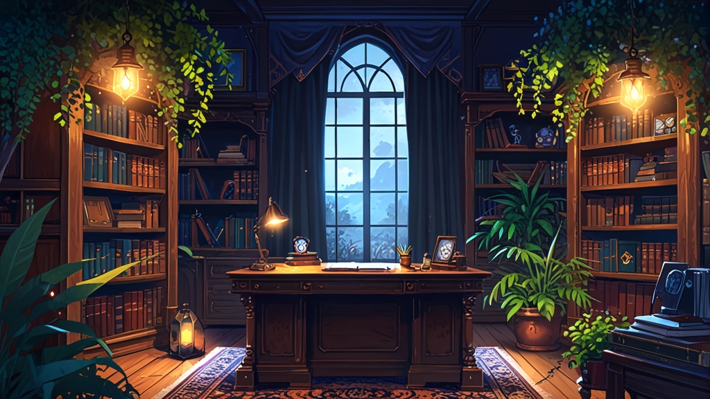 無料配布!【背景画像素材】魔法の執務室 – 月明かりが照らす幻想的なアトリエ(静止画 / 商用利用可)