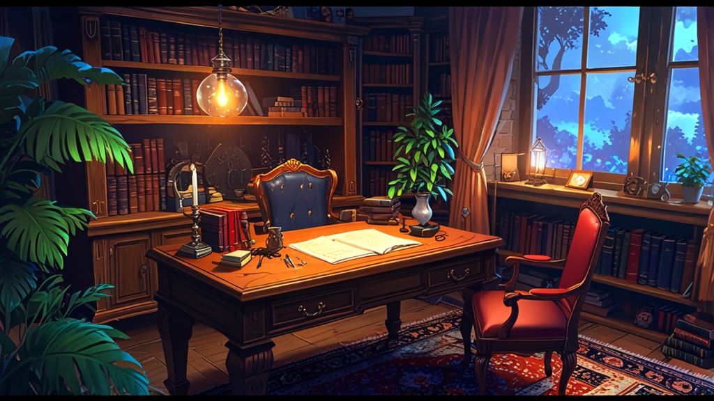 無料配布!【背景画像素材】魔法の執務室 – 月明かりが照らす幻想的なアトリエ(静止画 / 商用利用可)