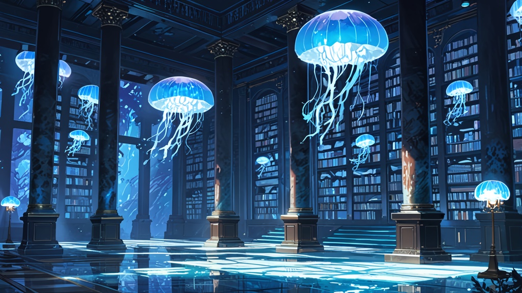 無料配布!【背景素材】幻想水中図書館 - 光るクラゲの高解像度背景素材セット(静止画 / 商用利用可)