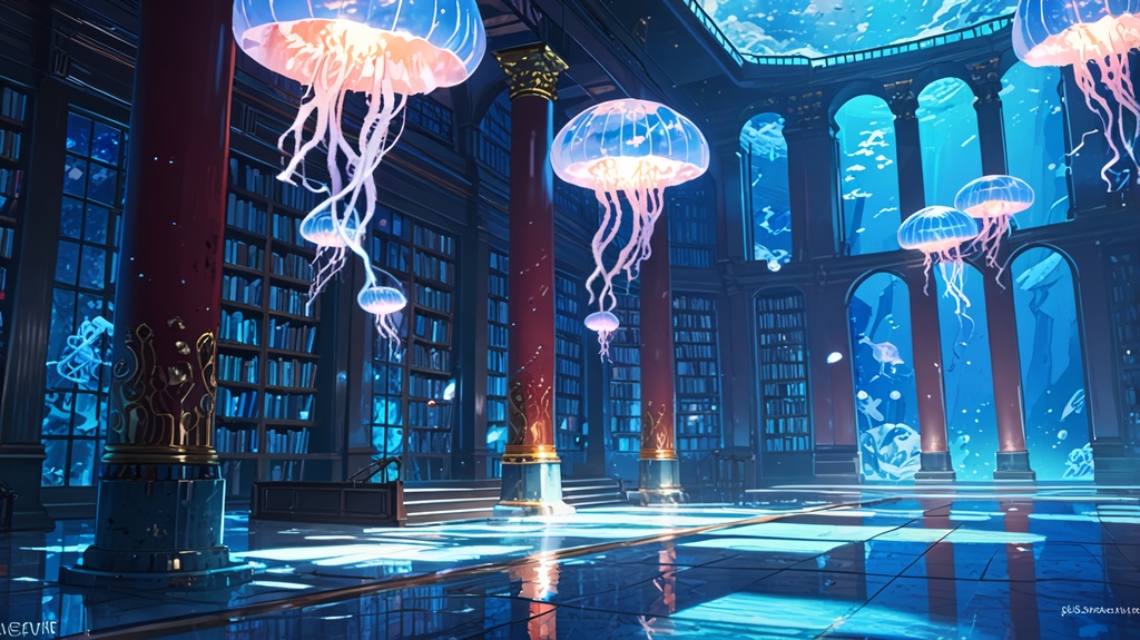 無料配布!【背景素材】幻想水中図書館 - 光るクラゲの高解像度背景素材セット(静止画 / 商用利用可)