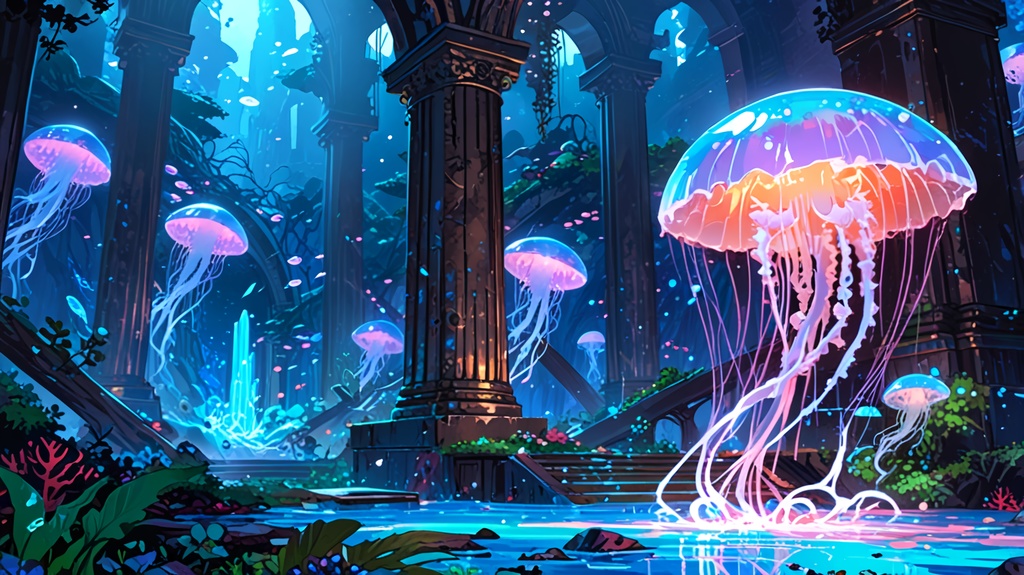 無料配布!【背景素材】幻想水中図書館 - 光るクラゲの高解像度背景素材セット(静止画 / 商用利用可)