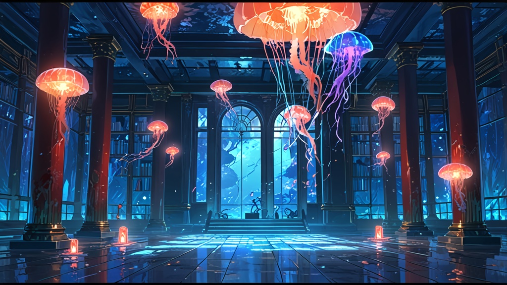 無料配布!【背景素材】幻想水中図書館 - 光るクラゲの高解像度背景素材セット(静止画 / 商用利用可)