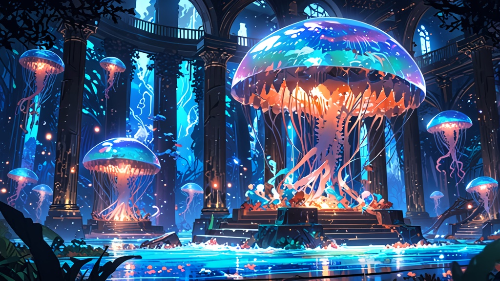 無料配布!【背景素材】幻想水中図書館 - 光るクラゲの高解像度背景素材セット(静止画 / 商用利用可)