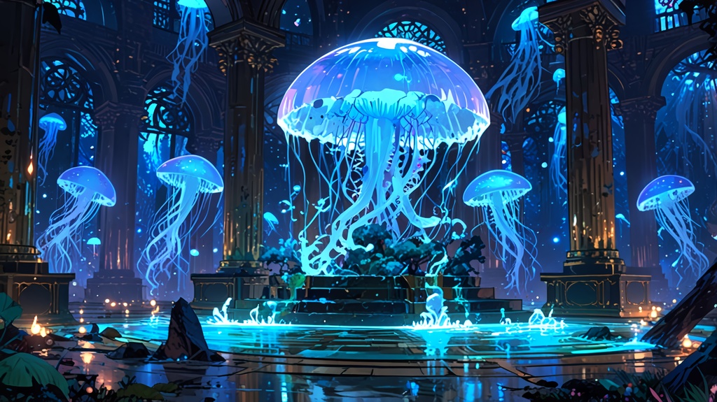 無料配布!【背景素材】幻想水中図書館 - 光るクラゲの高解像度背景素材セット(静止画 / 商用利用可)