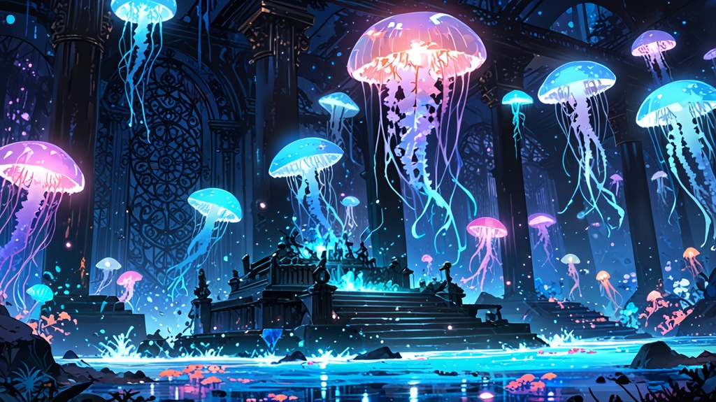 無料配布!【背景素材】幻想水中図書館 - 光るクラゲの高解像度背景素材セット(静止画 / 商用利用可)