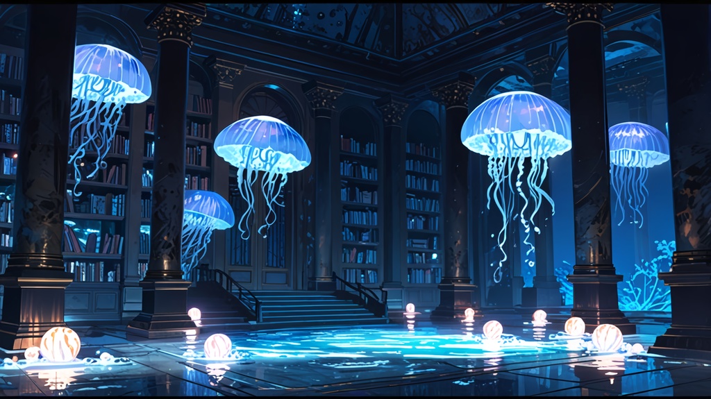 無料配布!【背景素材】幻想水中図書館 - 光るクラゲの高解像度背景素材セット(静止画 / 商用利用可)