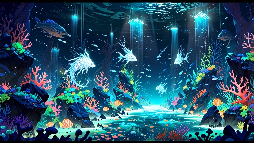 無料配布!【背景画像素材】幻想的なサンゴ礁と踊り泳ぐ魚たち(静止画 / 商用利用可)