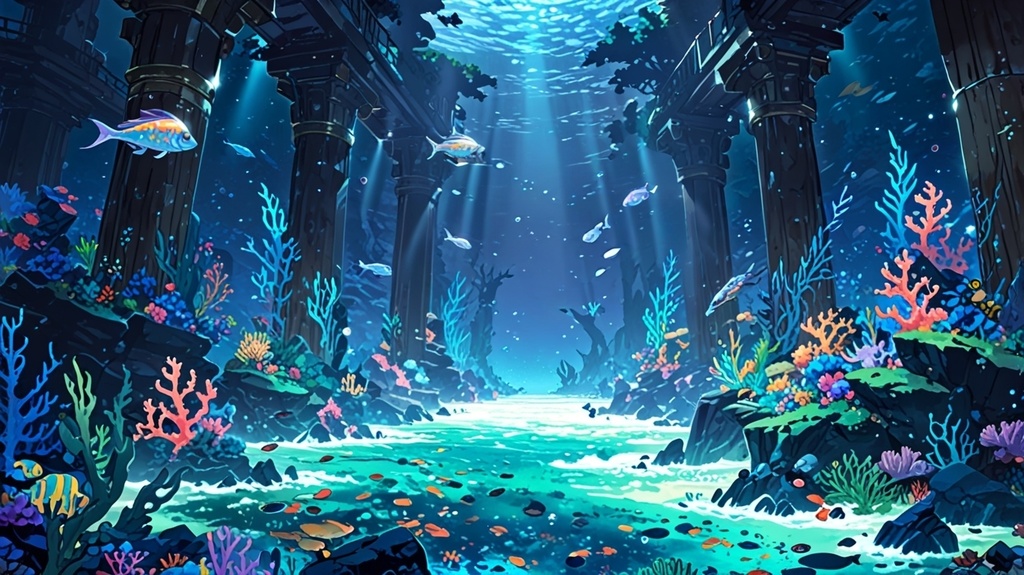 無料配布!【背景画像素材】幻想的なサンゴ礁と踊り泳ぐ魚たち(静止画 / 商用利用可)