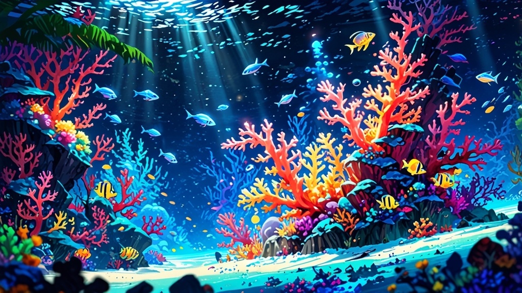 無料配布!【背景画像素材】幻想的なサンゴ礁と踊り泳ぐ魚たち(静止画 / 商用利用可)