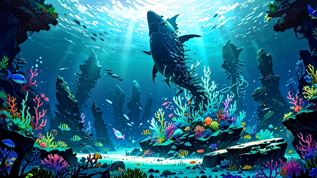 無料配布!【背景画像素材】幻想的なサンゴ礁と踊り泳ぐ魚たち(静止画 / 商用利用可)