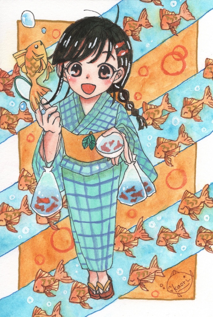 ハガキサイズ原画『金魚すくい』