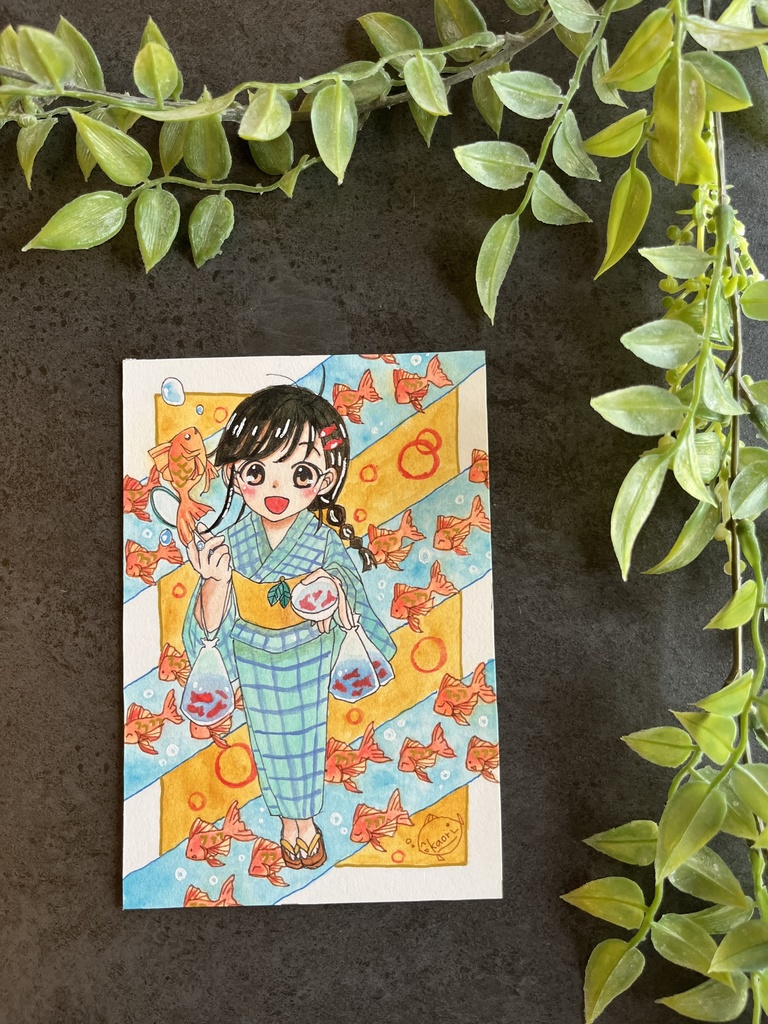 ハガキサイズ原画『金魚すくい』