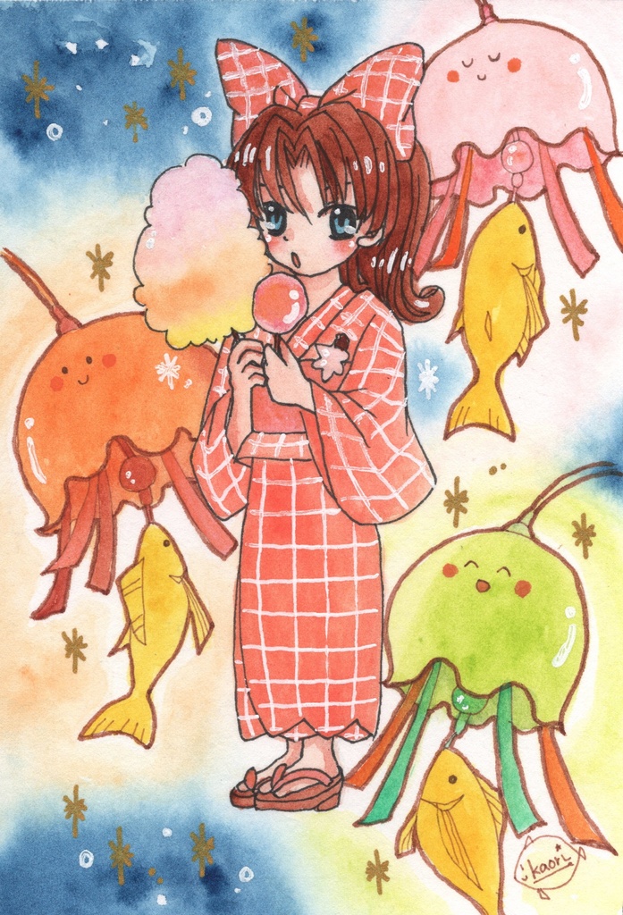 ハガキサイズ原画『クラゲ風鈴さん』