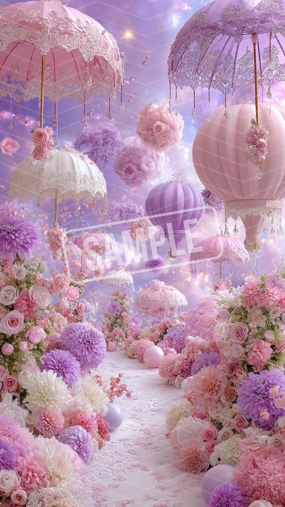 【幻想の花園】夢かわパステル傘とお花のスマホ壁紙①