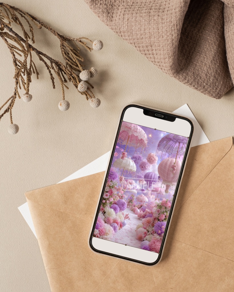 【幻想の花園】夢かわパステル傘とお花のスマホ壁紙①