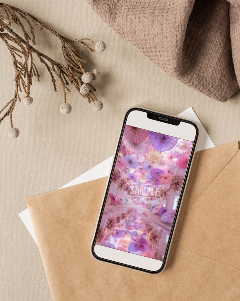 【幻想の花園】夢かわパステル傘とお花のスマホ壁紙②