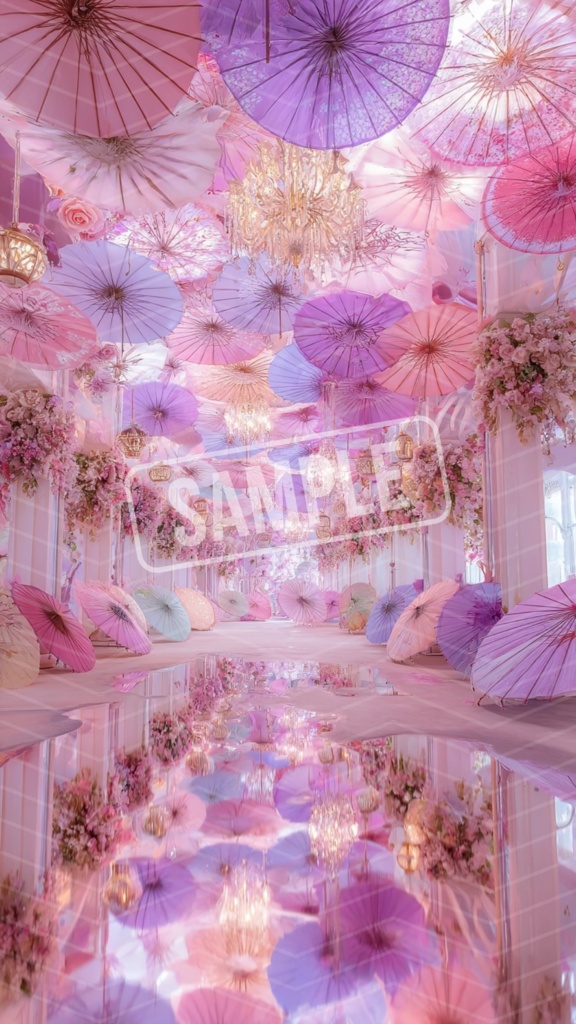 【幻想の花園】夢かわパステル傘とお花のスマホ壁紙②