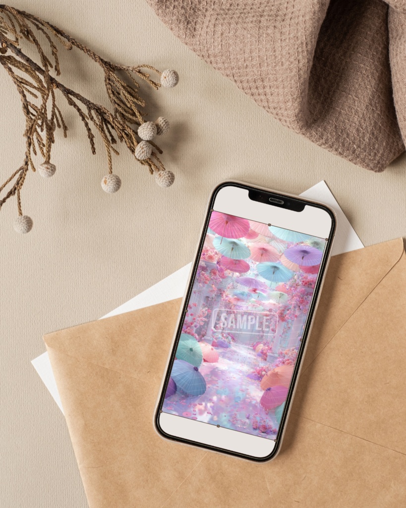 【幻想の花園】夢かわパステル傘とお花のスマホ壁紙③