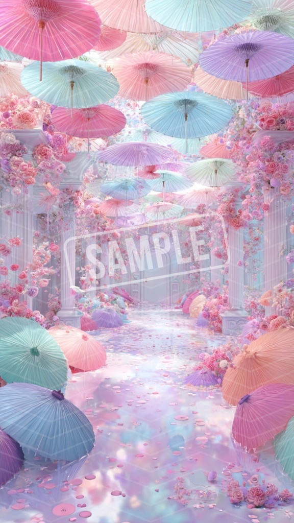 【幻想の花園】夢かわパステル傘とお花のスマホ壁紙③
