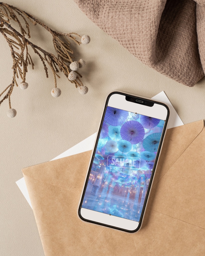 【幻想の花園】夢かわパステル傘とお花のスマホ壁紙⑤