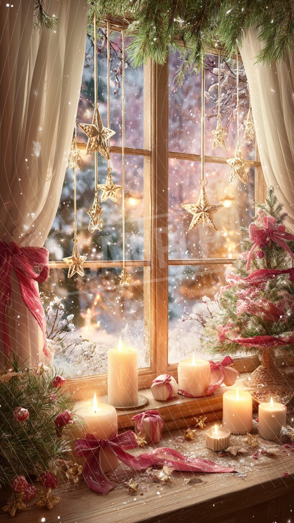 【11・12月限定】Holy Lights – Home Edition|聖夜を照らす灯りのスマホ壁紙04 Starlit Window|星が瞬く窓辺