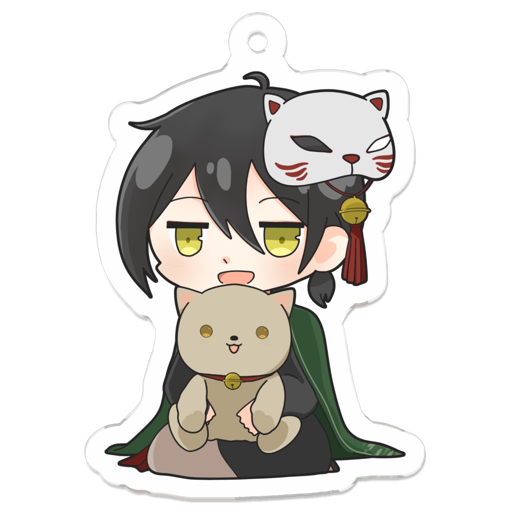 猫抱き吾猫無名 和風ver. アクリルキーホルダー - 50x50mm