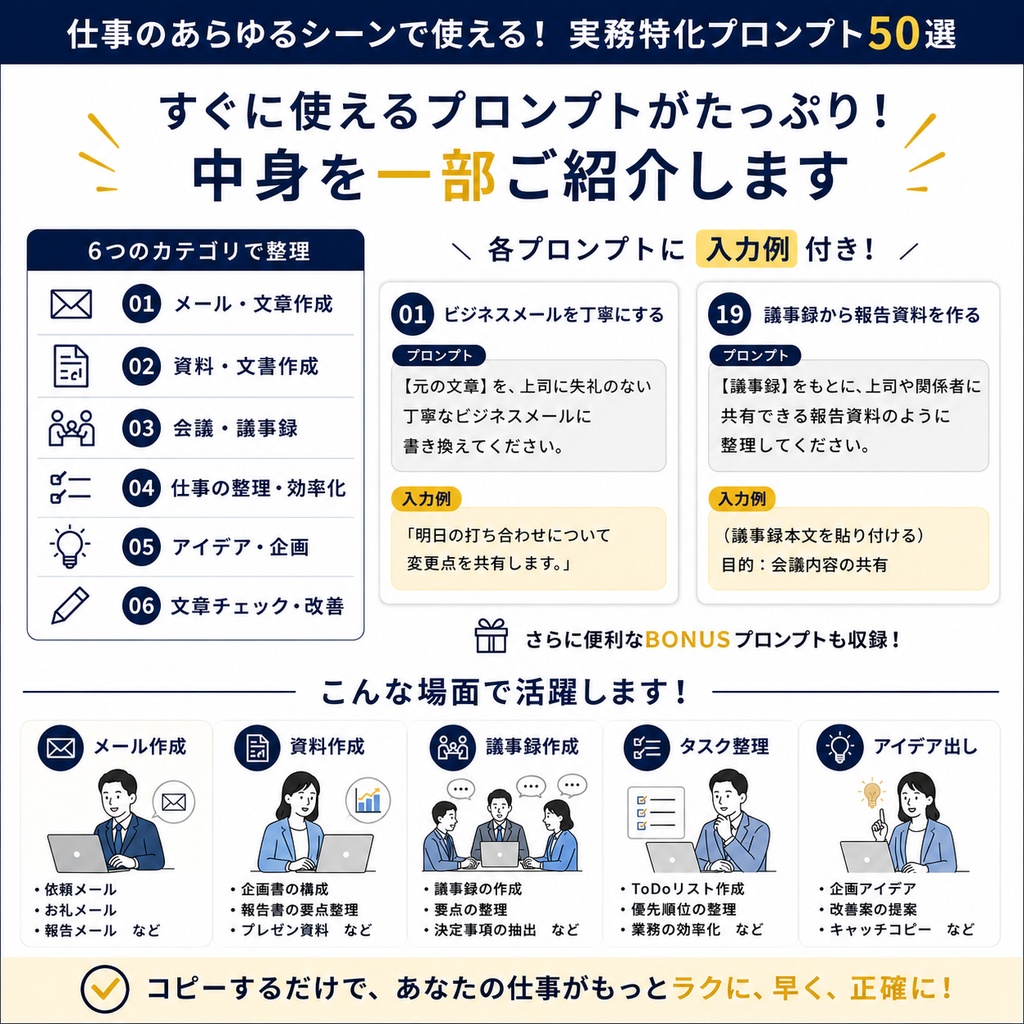 仕事で使えるChatGPTプロンプト50選|コピペで使える実務テンプレ集