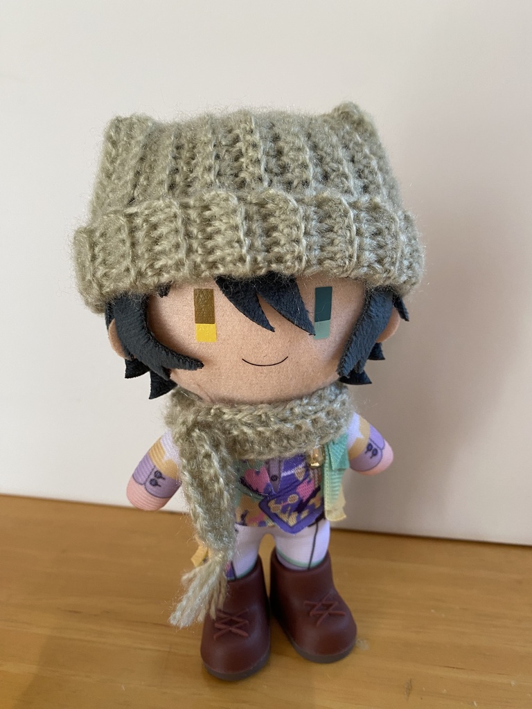 10〜12㎝ぬい用 猫耳風ニット帽+ミニマフラー