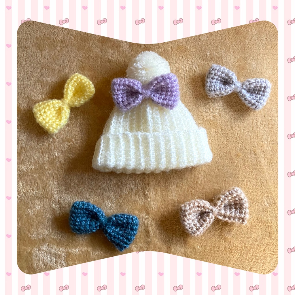 ぽんぽんニット帽+ミニマフラー+リボンブローチ(16㎝ぬい用)