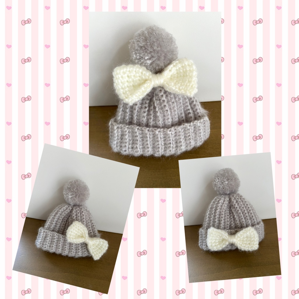 ぽんぽんニット帽+ミニマフラー+リボンブローチ(16㎝ぬい用)