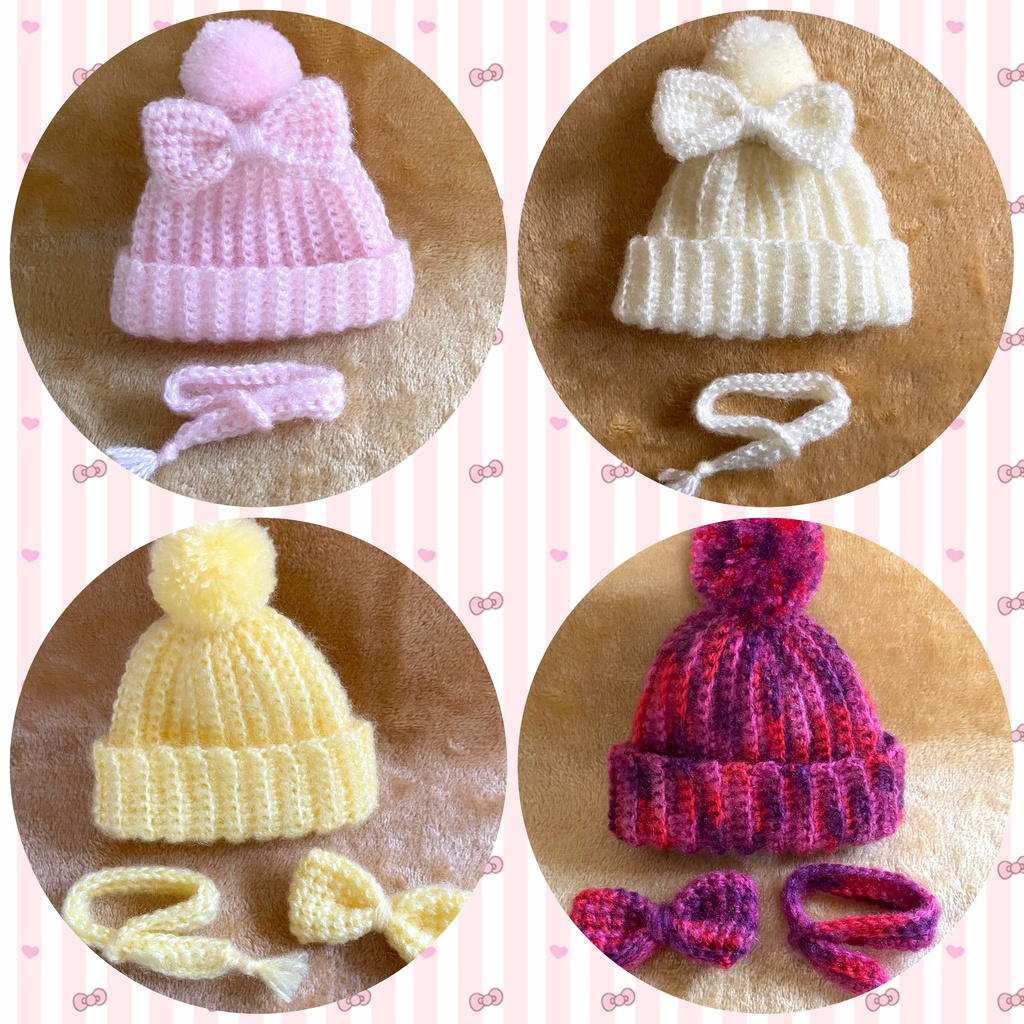 ぽんぽんニット帽+ミニマフラー+リボンブローチ(16㎝ぬい用)