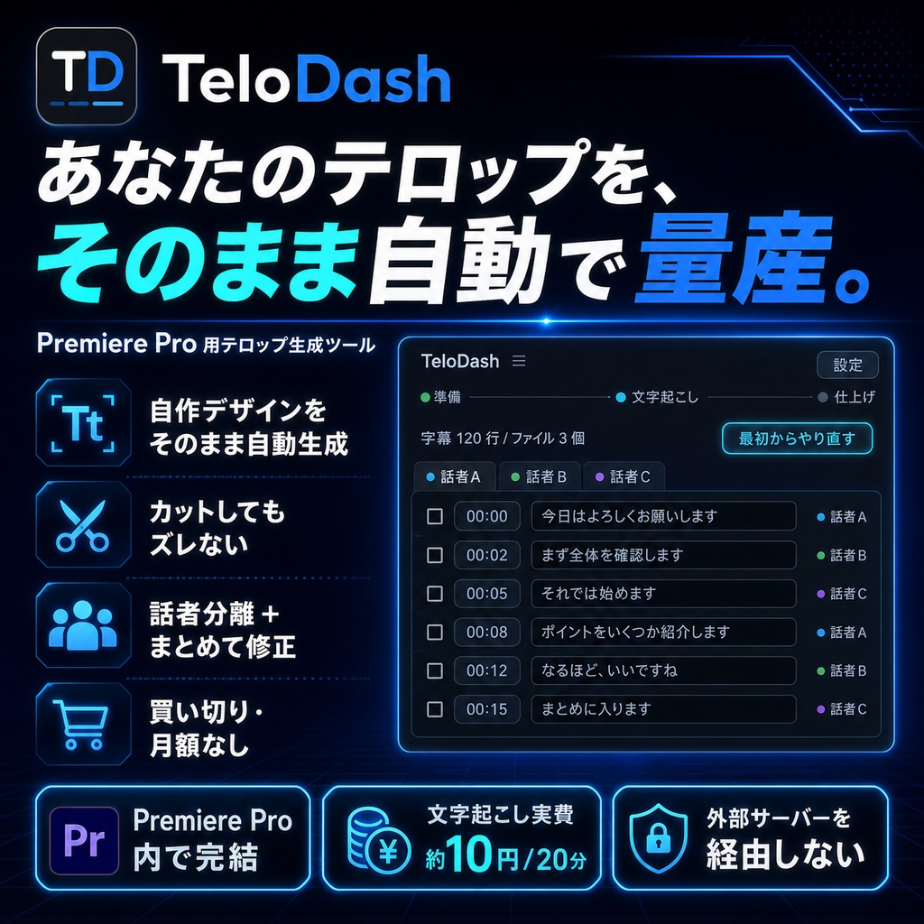 【Premiere】文字起こし&テロップ自動生成「TeloDash」― 自作テロップのデザインのまま字幕を一括作成(話者分離対応)