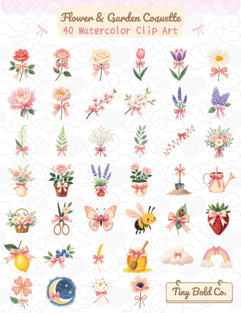 Flower & Garden Coquette Clip Art Set 40点セット - 甘いパステル水彩風
