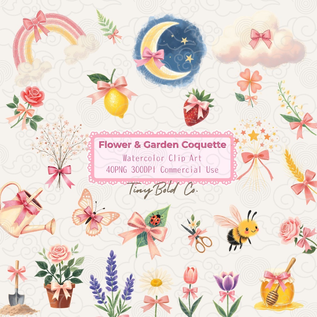 Flower & Garden Coquette Clip Art Set 40点セット - 甘いパステル水彩風